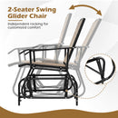 A diagram of the DirectDeals 2-Seater Outdoor Glider Bench with Center Table highlights its metal frame, wooden seats, gliding motion, and built-in table—perfect patio seating for customized comfort.