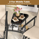 The DirectDeals 2-Seater Outdoor Glider Bench with Center Table seats two in comfort. The glass top and mesh shelf keep flowers, snacks, drinks, and books handy—perfect for your patio setup.