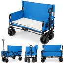 The DirectDeals 2-in-1 Collapsible Wagon Bench Seat with Adjustable Handle features a blue body, white bench seat, black frame, large wheels, and side pockets—ideal for outdoor adventures.