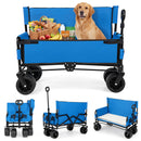 A golden retriever sits in a blue DirectDeals 2-in-1 Collapsible Wagon Bench Seat with Adjustable Handle, packed for a picnic. Three smaller images show various angles and folding stages of the wagon.