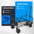 The DirectDeals 2-in-1 Collapsible Wagon Bench Seat with Adjustable Handle features a black metal frame, large wheels, and durable, waterproof Oxford cloth—shown in blue with water droplets—for outdoor adventures.