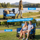 Top: A woman pulls the 2-in-1 Collapsible Wagon Bench Seat with Adjustable Handle by a lake. Bottom: A couple sits on it in a park. DirectDeals—perfect for outdoor adventures.