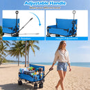 A woman uses the DirectDeals 2-in-1 Collapsible Wagon Bench Seat with Adjustable Handle on a beach, showcasing its blue design and 90° rotating, height-adjustable handle among palm trees and ocean scenery.