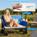 A woman smiles on a DirectDeals 2-in-1 Collapsible Wagon Bench Seat with Adjustable Handle. Inset shows high-resilience sponge, with tents and greenery suggesting outdoor adventures in the background.