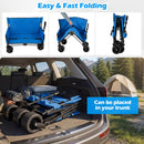 The 2-in-1 Collapsible Wagon Bench Seat with Adjustable Handle from DirectDeals is shown in three folding steps and fully folded in a car trunk—ideal for outdoor adventures with a tent and mountain backdrop.