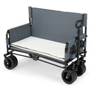 The DirectDeals 2-in-1 Collapsible Wagon Bench Seat with Adjustable Handle features a gray frame, white cushioned seat, four large black wheels, fabric backrest and armrests, handle, and side pockets—perfect for outdoor use.
