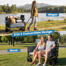 Top: Person pulls the DirectDeals 2-in-1 Collapsible Wagon Bench Seat with Adjustable Handle by a lake. Bottom: Two people use its bench seat in a park, showing its versatile wagon and bench functions for outdoor fun.