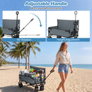 A woman pulls the DirectDeals 2-in-1 Collapsible Wagon Bench Seat with Adjustable Handle on sand. Insets highlight its 90° rotating, height-adjustable handle—ideal for beach trips by the palm-lined ocean.