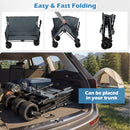 Three images feature the DirectDeals 2-in-1 Collapsible Wagon Bench Seat with Adjustable Handle, including one where the folded wagon fits easily in an SUV trunk beside camping gear and a tent, ready for outdoor adventures.