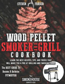 The cover of the "Wood Pellet Smoker And Grill Cookbook: The Best Guide To Become A Barbecue Pitmaster. Learn The Best Recipes, Tips, And Tricks That Will Make You A PR" by Books by splitShops features sliced grilled meat on skewers above a wood pellet grill, bold title text, and a small smoker grill illustration in the bottom right corner—an essential paperback for any aspiring BBQ pitmaster.