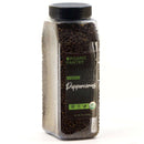 A plastic container of The Spice Lab Organic Black Tellicherry Peppercorns Whole with a black screw-on lid and a green label displaying product information, including USDA Organic certification. These peppercorns from The Spice Lab deliver rich flavor and premium quality to every dish.