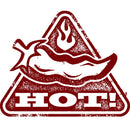 A red triangle sign featuring a chili pepper topped with a flame is displayed, with the bold, distressed word HOT! printed beneath—capturing the blazing heat experienced by fans of The Spice Lab’s Smoked Ghost Pepper Sea Salt.