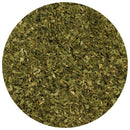 A close-up, circular view of dried, crushed green herbs—specifically The Spice Lab Fancy Chervil from The Spice Lab—carefully and evenly spread to fill the entire frame.