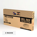 Packaging box for the Pimp My Grill® Gen2 Slide-Out Rack System - 2 Racks for Traeger Ironwood 885, featuring a diagram of the expansion mechanism and a checklist of included components.
