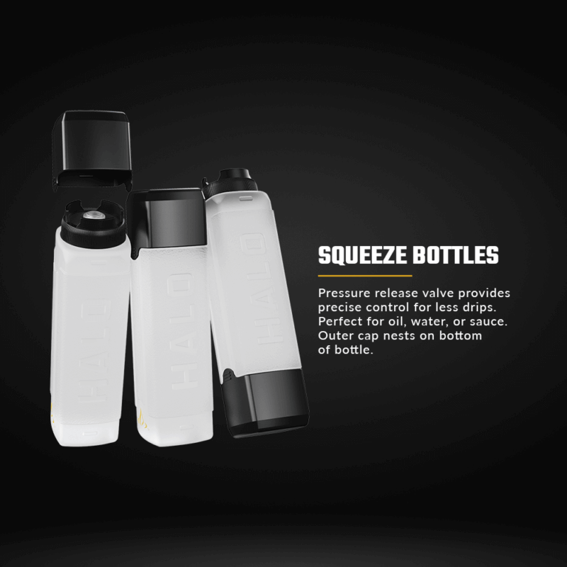 Halo Elite Squeeze Bottle Pack 3-Pack with 27 oz. capacity, pressure release valve, and snap-on lid for mess-free meal prep