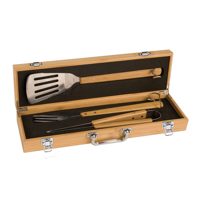 3‑Piece Bamboo BBQ Tool Set with stainless tongs, spatula, fork in bamboo case at DDR BBQ Supply