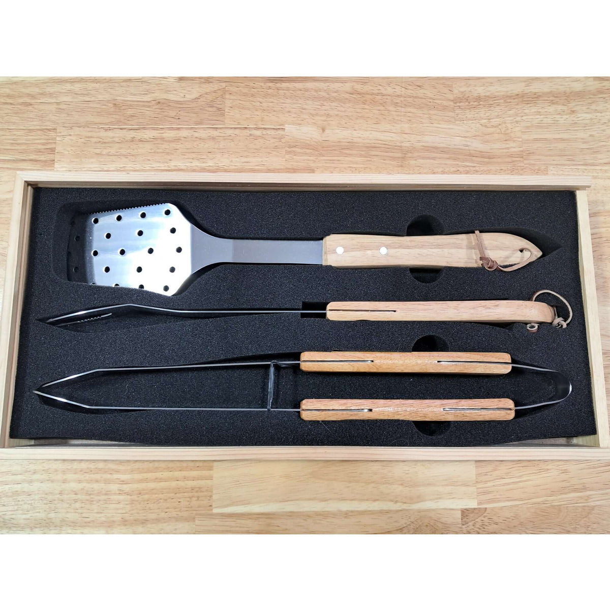 3-Piece Wood BBQ Set in Wooden Pine Box – Rustic Grill Tool Gift