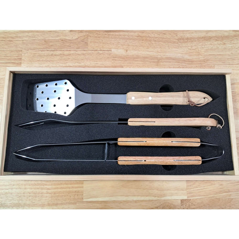 3-Piece BBQ Tool Set in Wooden Pine Box – stainless steel tongs, spatula, and fork with wooden handles at DDR BBQ Supply