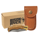 Bison River 3.75" Damascus Steel Knife with Leather Sheath – Compact Handcrafted Fixed Blade