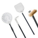 Top-down studio shot on a white background showcasing the WPPO 4 Piece Wood-Fired Pizza Oven Utensil Kit by WPPO LLC Direct, which includes four essential tools for wood-fired cooking: a round perforated peel, a small angled metal rake, a square perforated peel, and a wooden-backed wire brush—all featuring long black handles—specially designed for use with your wood-fired pizza oven.