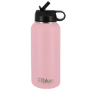 Light pink 32 oz Blue Coolers Steel Flask Preserves Hot Or Cold Drinks For Commuters with a black lid and straw.