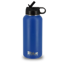 Blue Coolers Steel Flask Preserves Hot Or Cold Drinks For Commuters in blue stainless steel with a black lid, straw, and a silver logo near the base.