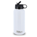 Blue Coolers Steel Flask Preserves Hot Or Cold Drinks For Commuters, shown as a white 32 oz stainless steel vacuum insulated flask with a black lid and a fold-out straw.