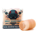 A Himalayan salt tequila shot glass from The Spice Lab lies in front of its box, which displays a colorful skull design and the text “The Spice Lab Himalayan Salt Tequila Shooters 2 Pack.” These unique pink Himalayan salt shot glasses by The Spice Lab add a bold touch to your collection, perfect for elevating your tequila shooters experience.