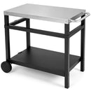 The DirectDeals Double-Shelf Grill Table 34″ x 20″ with Steel Top offers two shelves, a steel prep surface, side handle, and large wheels—ideal as a mobile BBQ storage station.