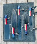 Texan Knives' 13" Forged Stainless Steel Chef Knife set features bone and pakkawood handles, each blade with a textured pattern and leather sheath—ideal knife sets for kitchen use, displayed in a stylish black leather roll-up case.