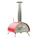 The WPPO Le Peppe Portable Wood-Fired Pizza Oven by WPPO LLC Direct, featuring a striking red and silver design, a tall chimney, two wooden handles, and four angled legs for stability, is the perfect outdoor pizza oven for your backyard gatherings.