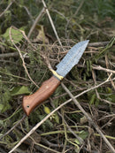 The Texan Knives Hunting Blade—10" Damascus steel knife with rosewood handle, brass guard, and leather sheath—rests outdoors on dry twigs and green foliage.