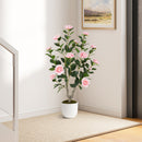 A potted artificial camellia with pink flowers sits on a beige rug near the 3-Piece Folding Picnic Table with Benches Fir Wood Portable Bear Camping SET by DirectDeals in a modern room by the stairs and a framed painting.