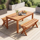 The sunny patio features the DirectDeals Outdoor Wood Bench Set of 2 - 36 Inch Backless Patio Seating on a woven rug, with plates, cups, cutlery, flowers, fruit, and green planters surrounding the space.