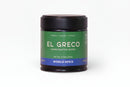 A small green and black jar labeled World Spice El Greco by World Spice, featuring the descriptions Herbal • Umami • Citrusy. Inspired by traditional Greek seasoning, this blend is crafted with Mediterranean herbs and has a net weight of 0.71 oz (20g).