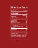 Nutrition facts label for Chiles & Smoke Scorching Sun Sweet Heat Rub by Chiles and Smoke, shown on a red background; features 5 calories per serving, 90mg sodium, zero fat, sugar, or protein. Ingredients include salt, chili flakes, spices, paprika, and mustard—ideal for anyone craving Southwest chile flavor in a no sugar BBQ rub.