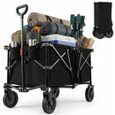 A DirectDeals 38 Inch 400 LBS Heavy-Duty Collapsible Wagon Cart with Adjustable Handle for Camping Garden-Black carries camping gear, firewood, and coolers; inset shows it folded upright for storage.