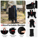 A person outdoors holds a folded DirectDeals 38 Inch 400 LBS Heavy-Duty Collapsible Wagon Cart with Adjustable Handle for Camping Garden-Black, with insets showing handle, quick-release buttons, zippered cover, and portability.