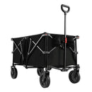 The DirectDeals 38 Inch 400 LBS Heavy-Duty Collapsible Wagon Cart with Adjustable Handle for Camping Garden-Black is shown on a white background, featuring fabric sides, large wheels, and a sturdy metal frame.