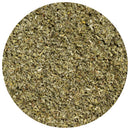 Close-up of The Spice Lab Rubbed Sage—dried, finely ground green herbs with a mix of small brown and beige particles—viewed from above in a circular frame, highlighting its savory herb flavor and subtle peppery herbal character.
