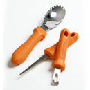 The Messermeister Pumpkin Carving Set - 3 Piece by Messermeister is shown on a white background. It includes an orange-handled serrated spork, a saw-like knife, and a narrow-tipped tool—perfect for your next Halloween carving project.