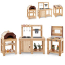 DirectDeals 3-Piece Outdoor Kitchen Set Mud Kitchen with Separate BBQ Grill and Pizza Oven-Natural features pots, pans, and potted plants on shelves. Sets are shown separately and together on a white background.