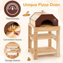 The DirectDeals 3-Piece Outdoor Kitchen Set Mud Kitchen with Separate BBQ Grill and Pizza Oven-Natural includes storage shelves, a brown oven chamber, thermometer, and pizza slices—ideal for kids’ outdoor kitchen or BBQ grill play.