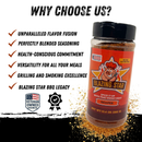 A jar of Blazing Star BBQ’s Reaper Rub and Seasoning is displayed, with key benefits such as flavor fusion, health focus, versatility, grilling excellence, and veteran-owned status highlighted. Check marks and award icons emphasize the bold quality of this BBQ seasoning.