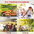 A collage shows BBQ, Family Party, Fishing, and Camping scenes with people enjoying a DirectDeals Folding Camping Table with Storage Organizer for grilling, gathering, fishing by the river, and relaxing by a tent.
