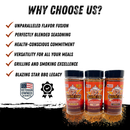 Showcasing the Blazing Star BBQ Barbecue Bundle—three premium spice jars from Blazing Star BBQ—alongside icons highlighting the reasons to choose this brand: exceptional flavor, all-in-one seasoning versatility, health benefits, grilling excellence, rich legacy, and veteran-owned business values. Elevate your next cookout with this must-have BBQ seasoning bundle—perfect for any grill master or as the ultimate beef rub.