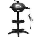 The DirectDeals 1350 W Outdoor Electric BBQ Grill with Removable Stand features a black domed lid, a shelf with cup holders, and an attached power cord for easy use.