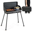 The DirectDeals 2-in-1 Gas Camping Grill and Stove with food and a pot on top sits open; nearby, someone carries it folded into a suitcase-style case, showing its portable outdoor convenience.