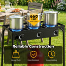 The DirectDeals 3 Burner Propane Stove 240000 BTU Outdoor Camping Grill features heavy-duty, heat-resistant construction, supports up to 660 lbs, and is perfect for garden setups with tables and chairs.