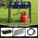 The DirectDeals 3 Burner Propane Stove 240000 BTU Outdoor Camping Grill is shown with a red gas tank. Package includes: 1 x Stovetop, 4 x Legs, and 1 x Regulator.
